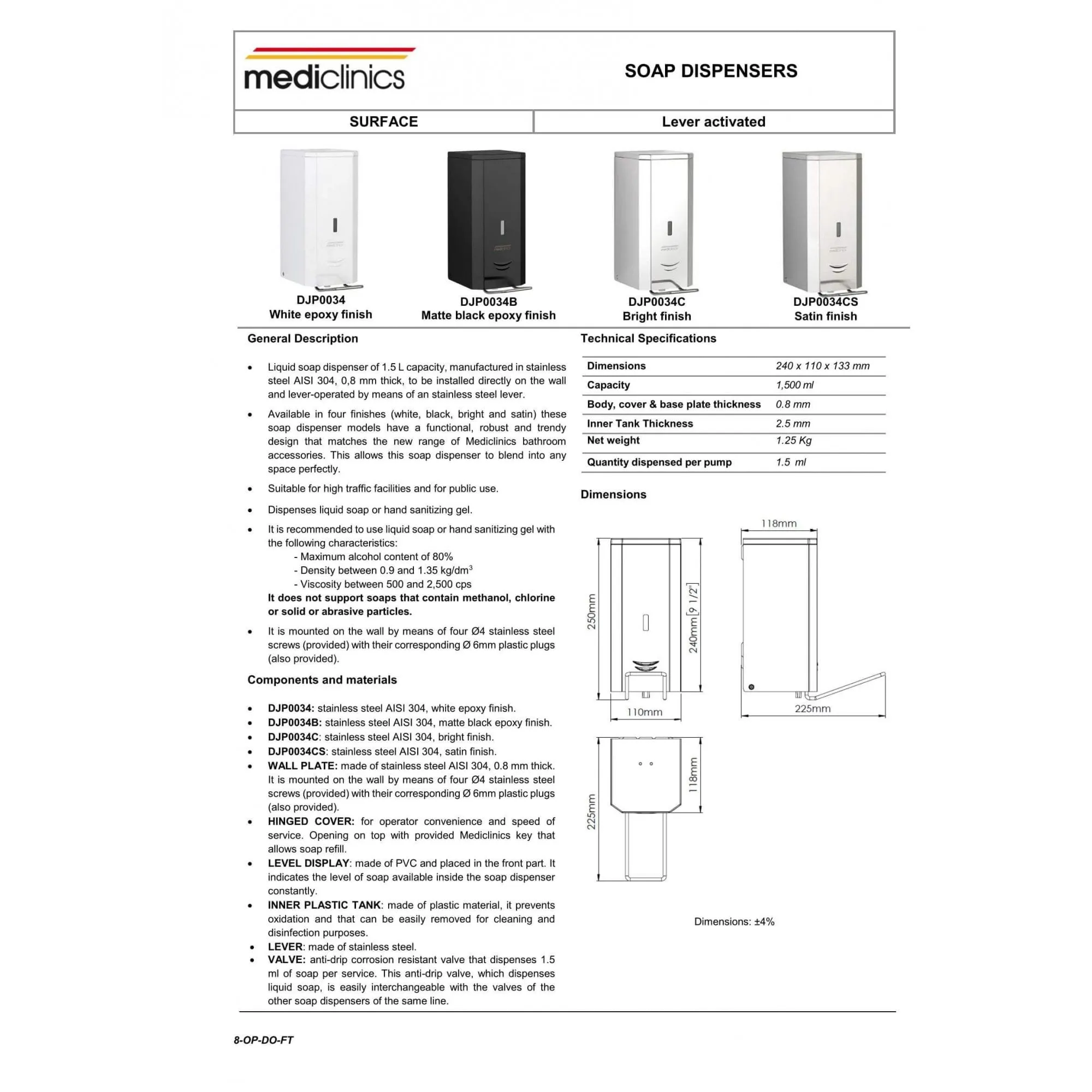 1500ml Lever Operated Liquid Soap and Hydroalcoholic Gel Dispenser