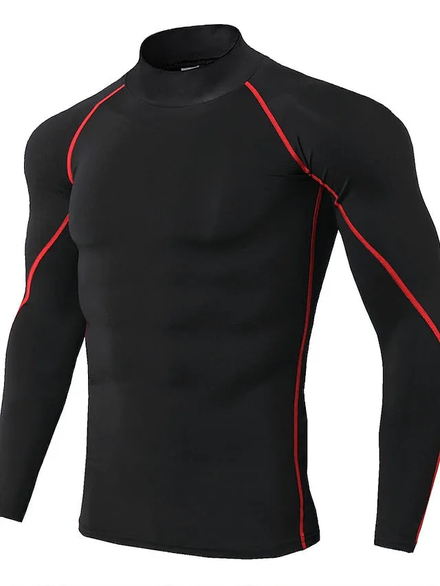 Arsuxeo Men's Compression Shirt Running Shirt Stripe-Trim Reflective Strip Long Sleeve Base Layer Athletic Winter Spandex Breathable Moisture Wicking Soft Running Active Training Jogging Sportswear