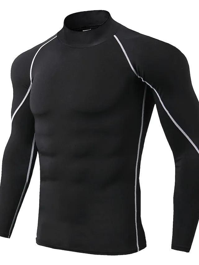 Arsuxeo Men's Compression Shirt Running Shirt Stripe-Trim Reflective Strip Long Sleeve Base Layer Athletic Winter Spandex Breathable Moisture Wicking Soft Running Active Training Jogging Sportswear