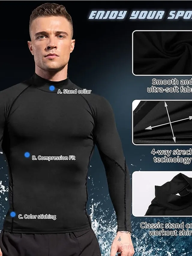 Arsuxeo Men's Compression Shirt Running Shirt Stripe-Trim Reflective Strip Long Sleeve Base Layer Athletic Winter Spandex Breathable Moisture Wicking Soft Running Active Training Jogging Sportswear