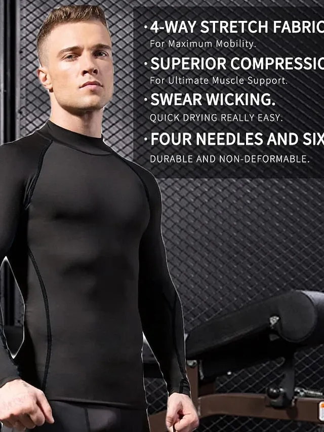 Arsuxeo Men's Compression Shirt Running Shirt Stripe-Trim Reflective Strip Long Sleeve Base Layer Athletic Winter Spandex Breathable Moisture Wicking Soft Running Active Training Jogging Sportswear