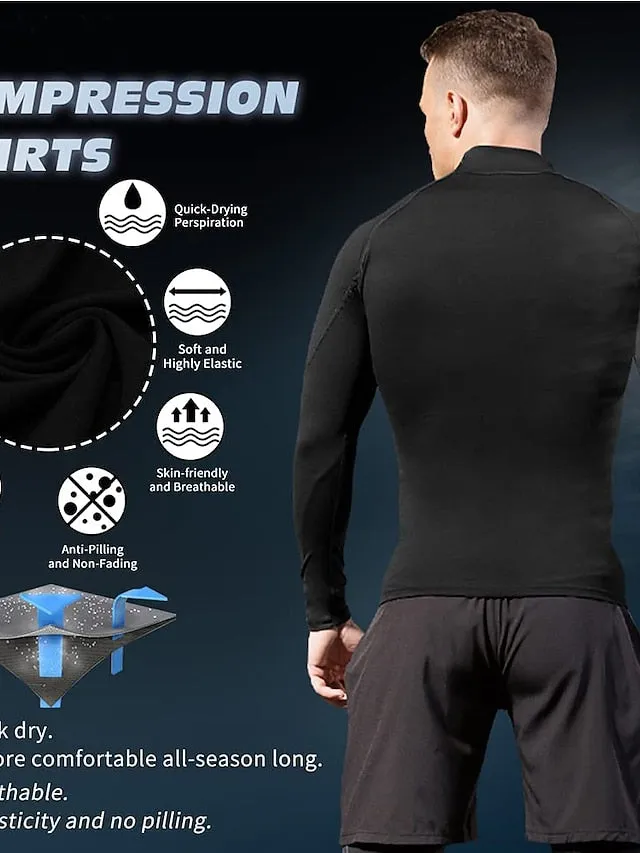 Arsuxeo Men's Compression Shirt Running Shirt Stripe-Trim Reflective Strip Long Sleeve Base Layer Athletic Winter Spandex Breathable Moisture Wicking Soft Running Active Training Jogging Sportswear