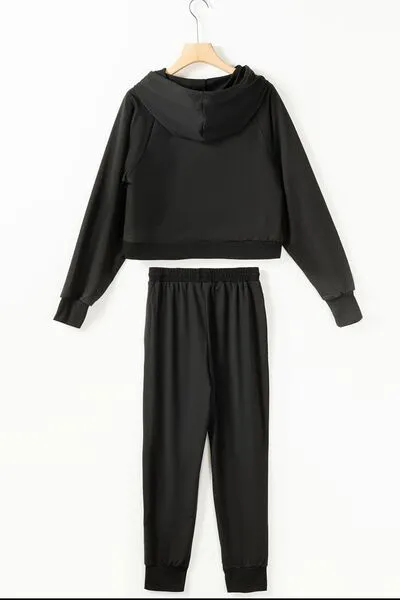 Aspen Drawstring Hoodie and Pocketed Pants Set - Black