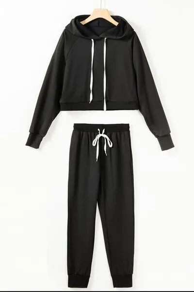 Aspen Drawstring Hoodie and Pocketed Pants Set - Black