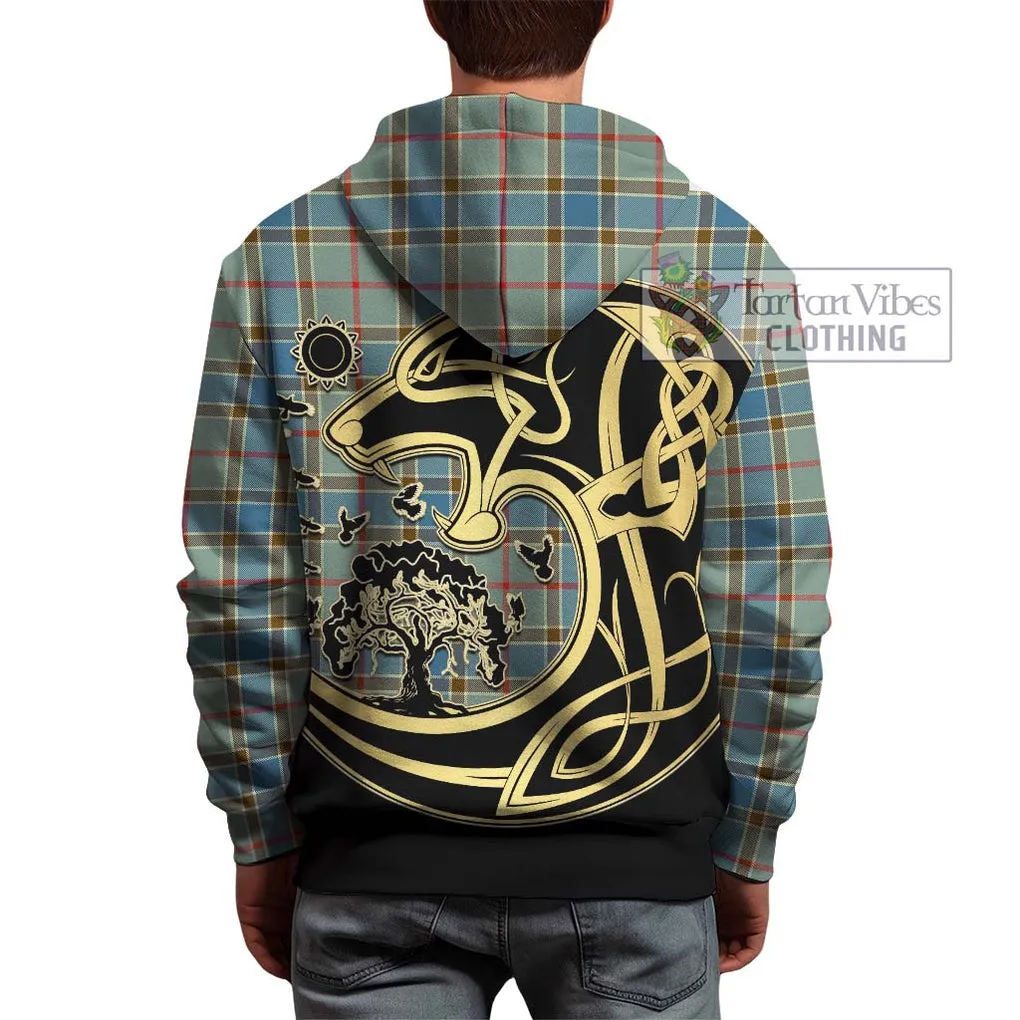 Balfour Blue Tartan Hoodie with Family Crest Celtic Wolf Style