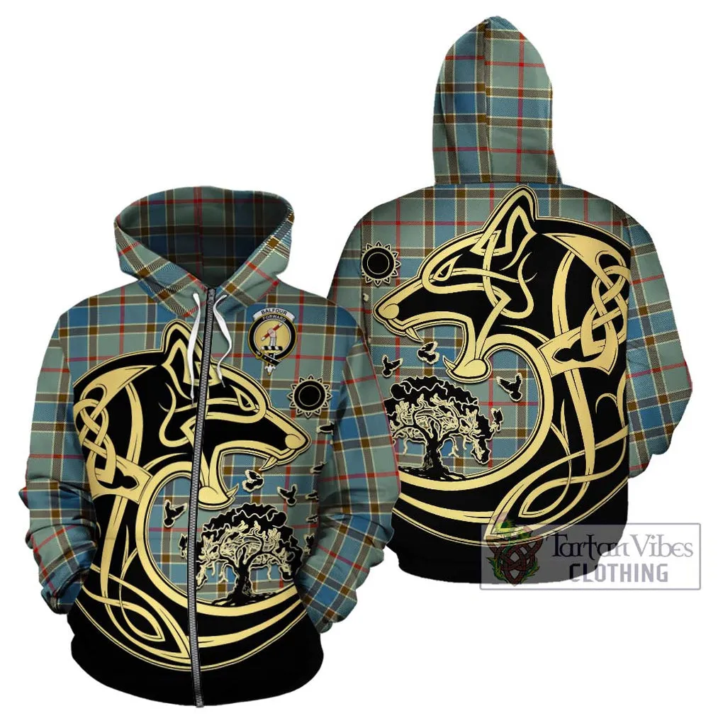Balfour Blue Tartan Hoodie with Family Crest Celtic Wolf Style