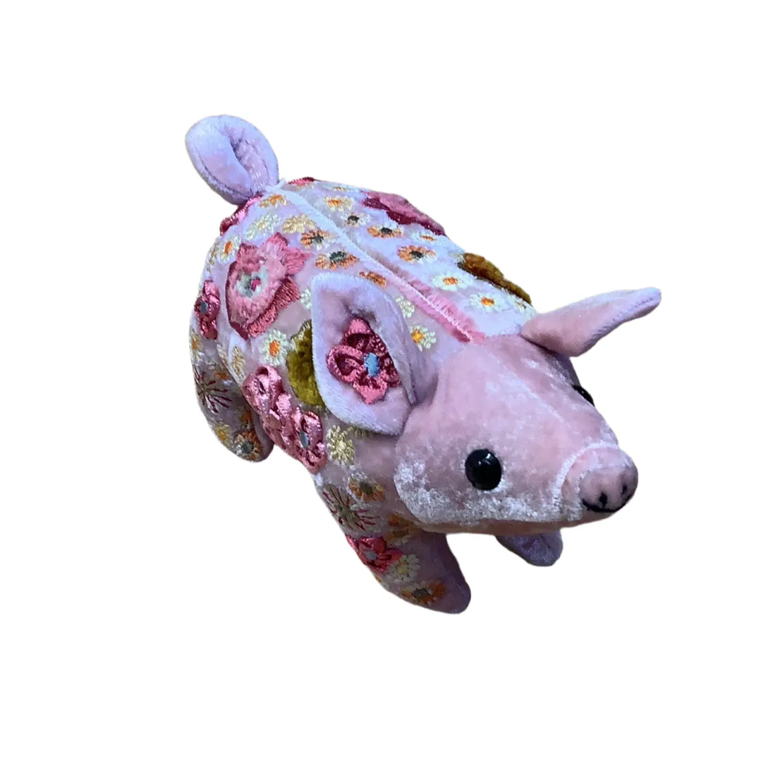 'Beauty Piglet' Hand Embroidered Silk Velvet Animal Decoration