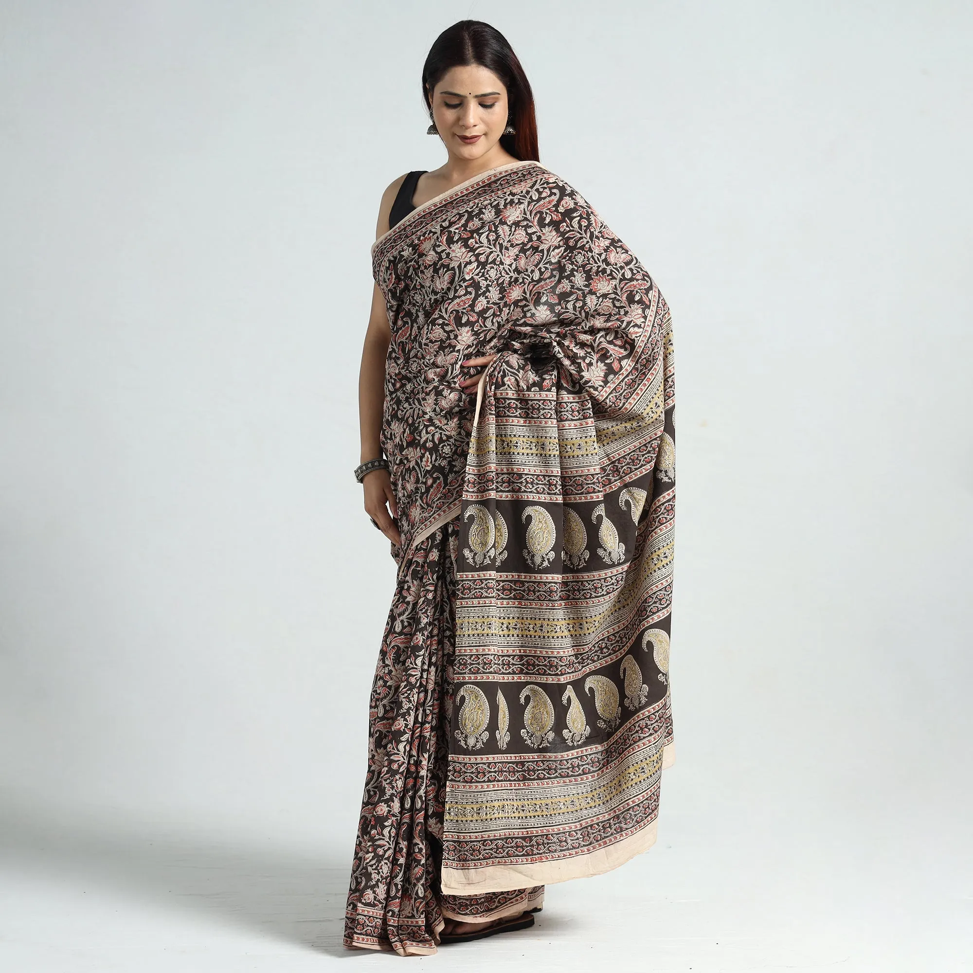 Black - Pedana Block Print Cotton Kalamkari Saree 01