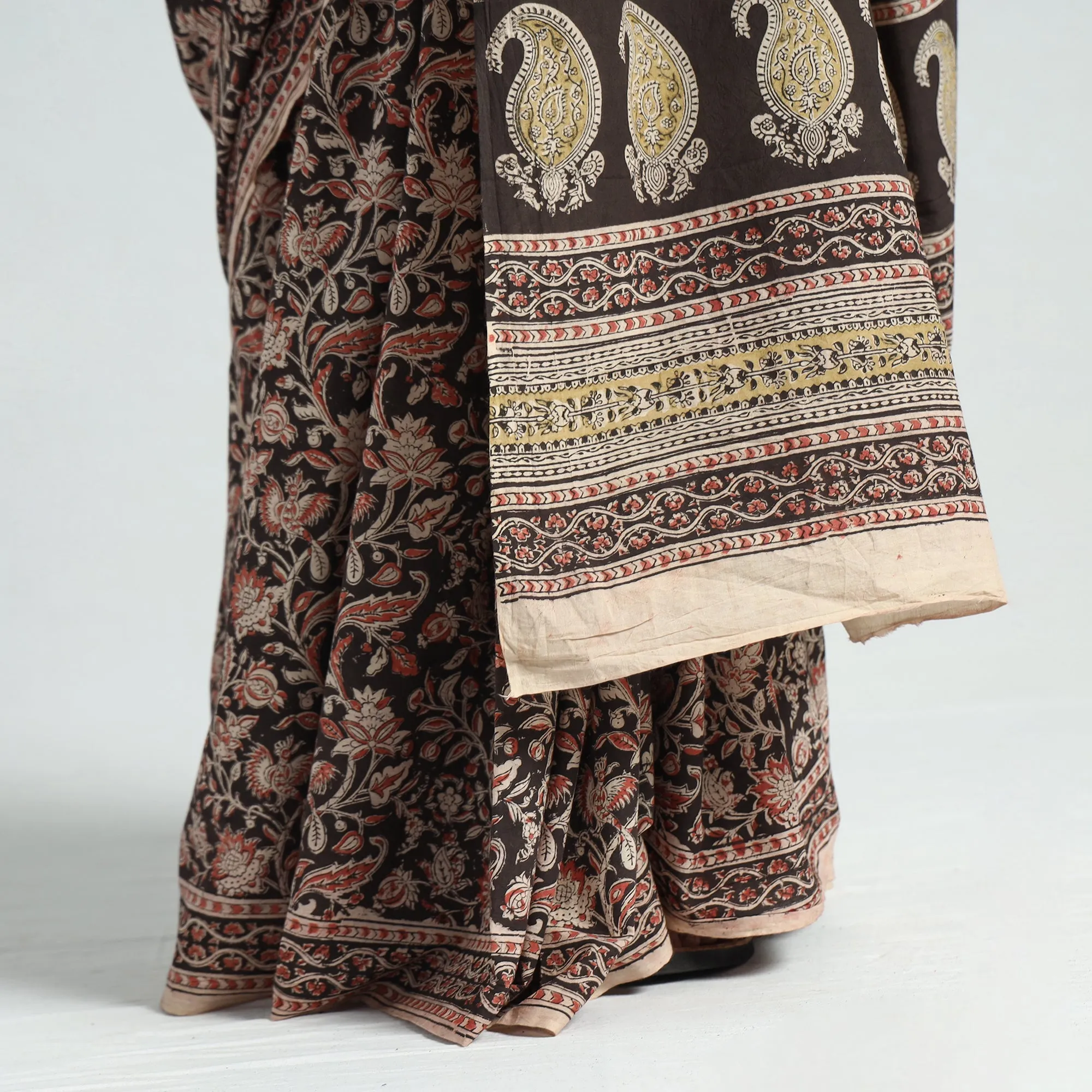 Black - Pedana Block Print Cotton Kalamkari Saree 01