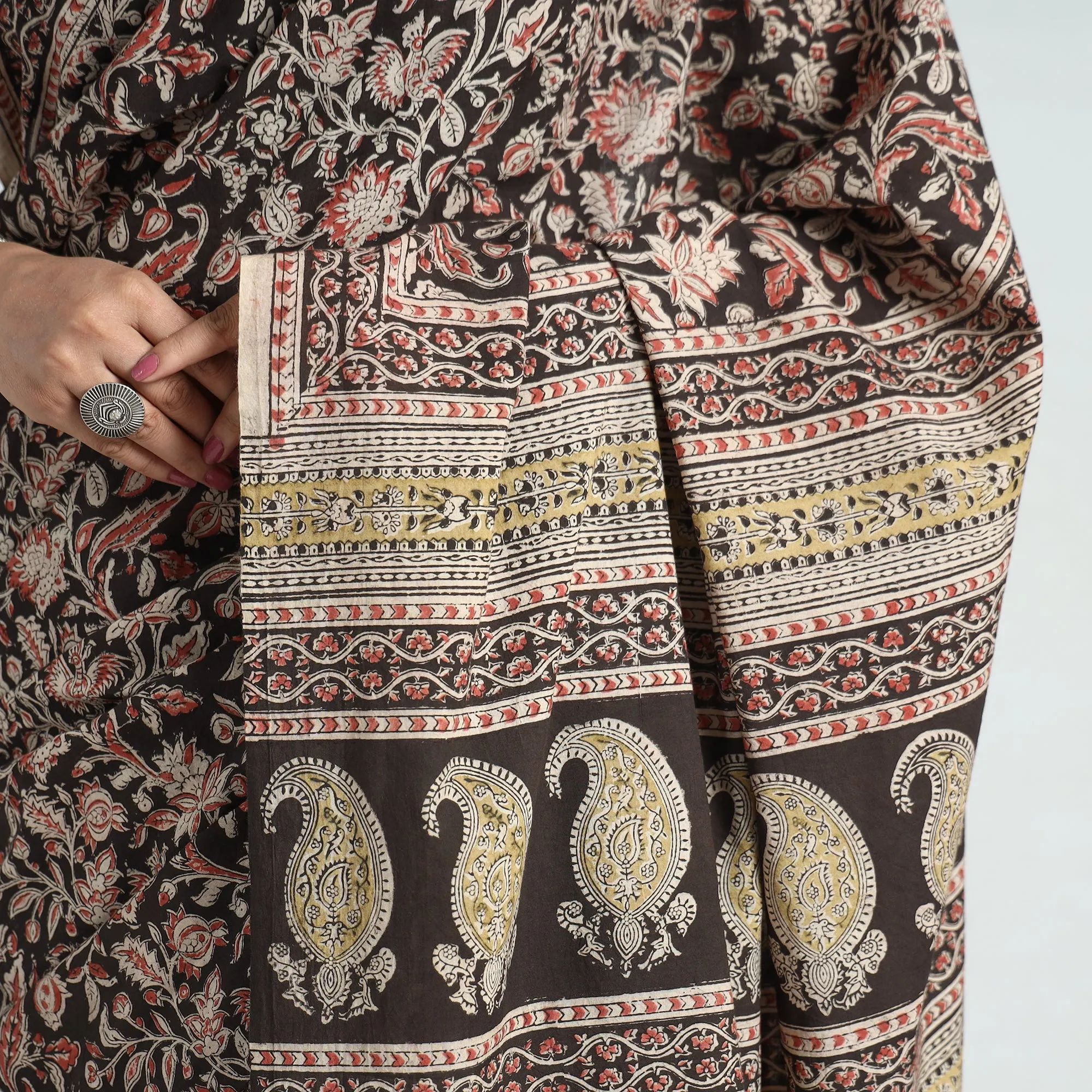 Black - Pedana Block Print Cotton Kalamkari Saree 01