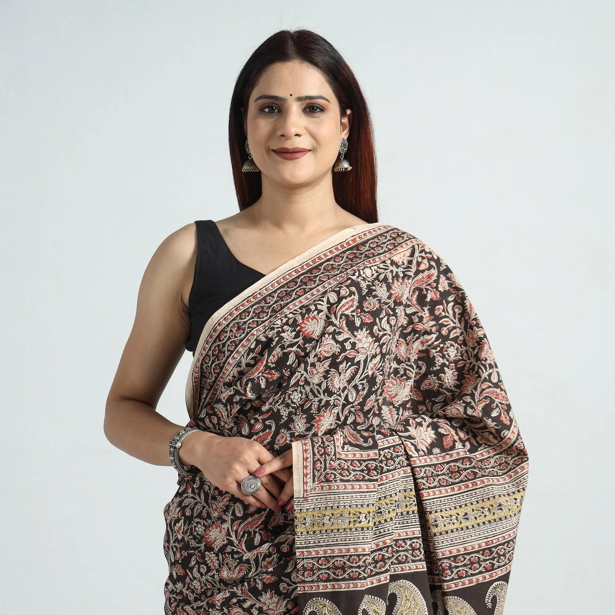 Black - Pedana Block Print Cotton Kalamkari Saree 01