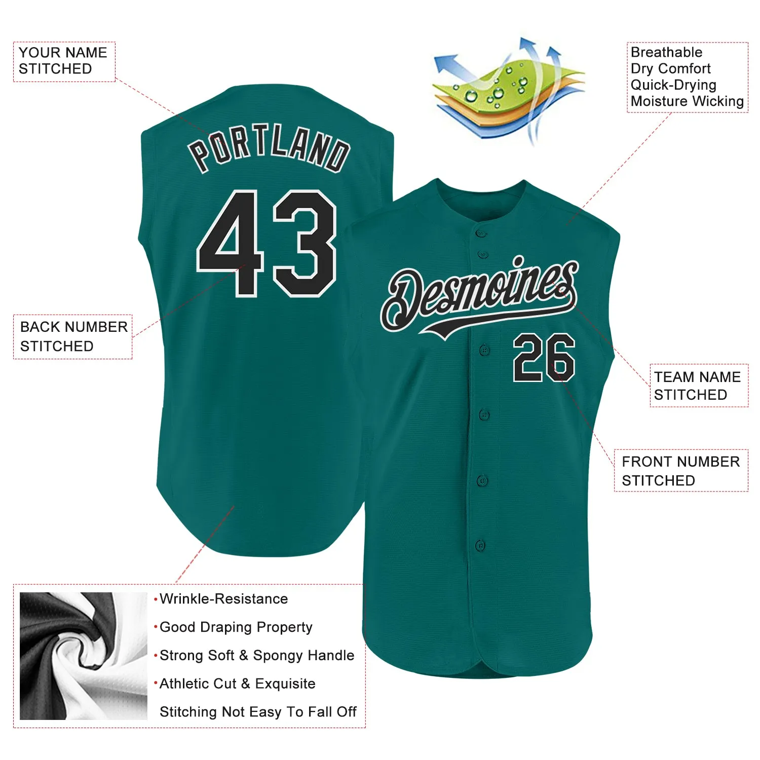 Custom Teal Black-White Authentic Sleeveless Baseball Jersey