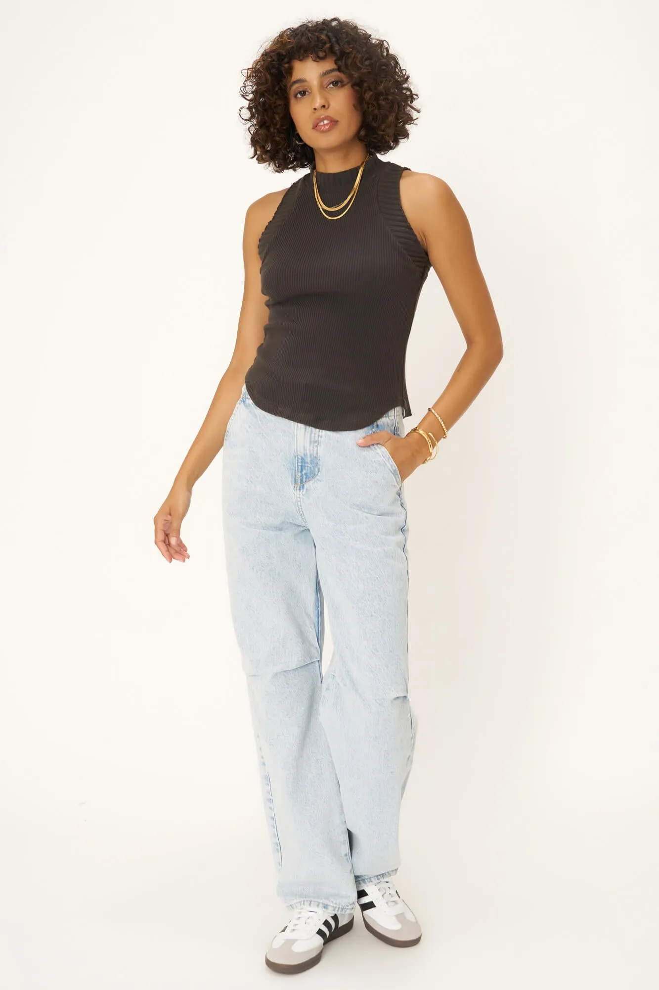 Garner Mixed Sweater Rib Mock Neck Tank - Vintage Black