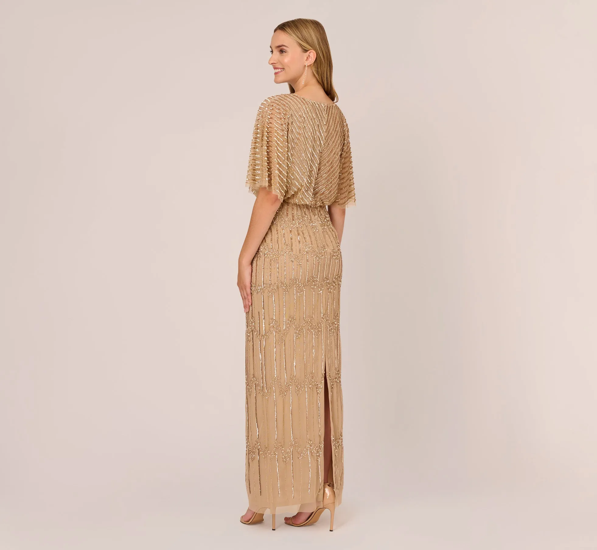 Hand-Beaded Illusion Long Column Blouson Gown In Champagne Gold