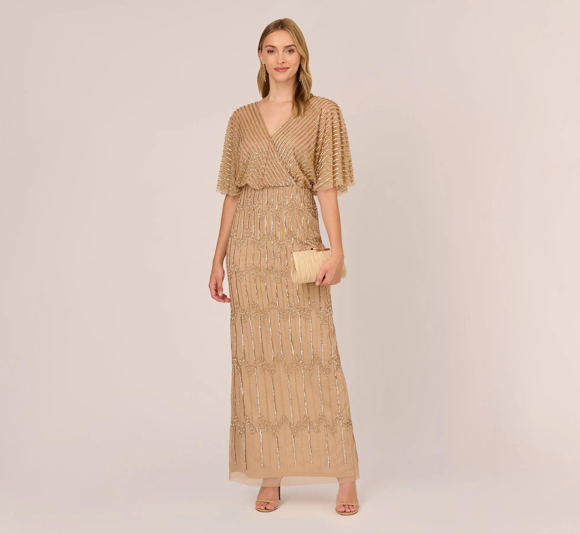Hand-Beaded Illusion Long Column Blouson Gown In Champagne Gold