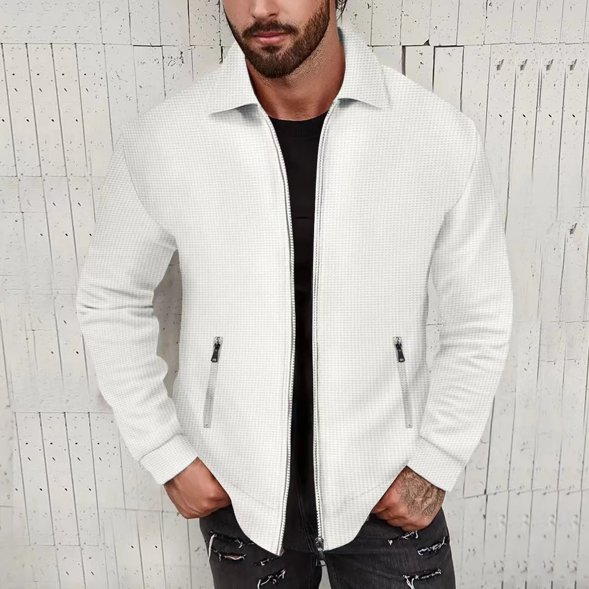 JACKET CARDIGAN ZIPPER JACKET CASUAL LONG SLEEVED LAPEL WAFFLE JACKET