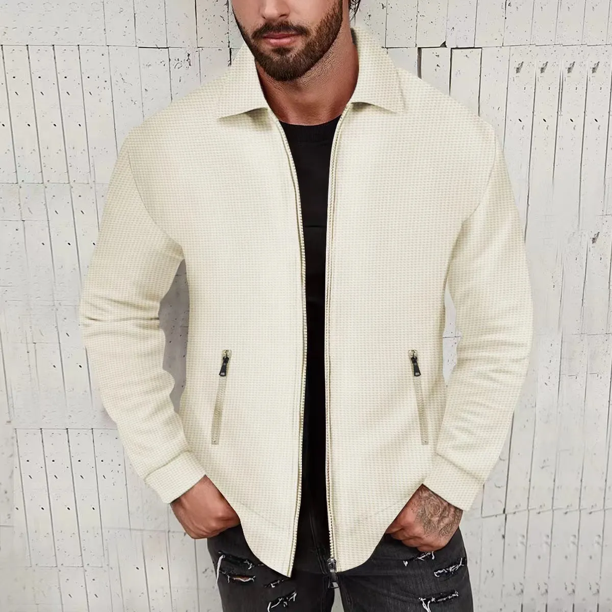 JACKET CARDIGAN ZIPPER JACKET CASUAL LONG SLEEVED LAPEL WAFFLE JACKET