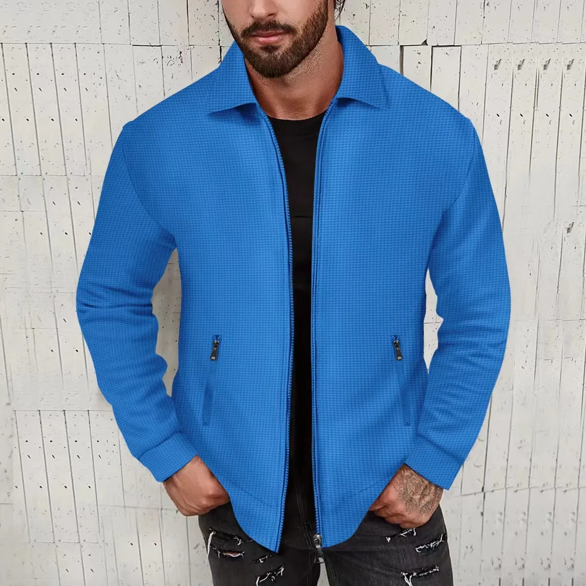 JACKET CARDIGAN ZIPPER JACKET CASUAL LONG SLEEVED LAPEL WAFFLE JACKET