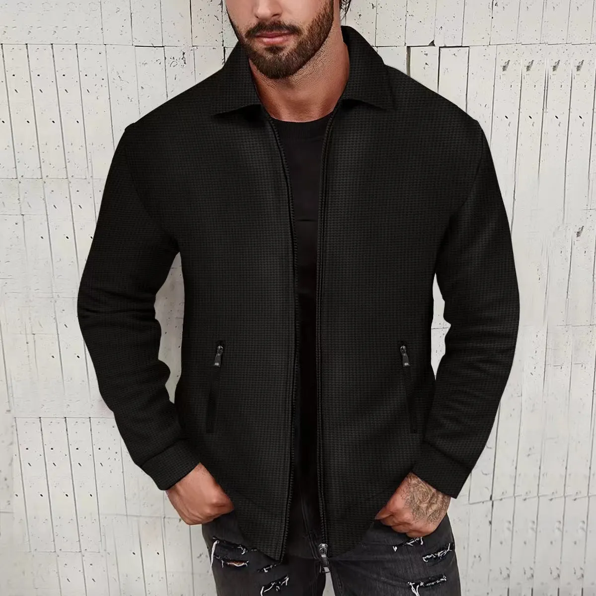 JACKET CARDIGAN ZIPPER JACKET CASUAL LONG SLEEVED LAPEL WAFFLE JACKET