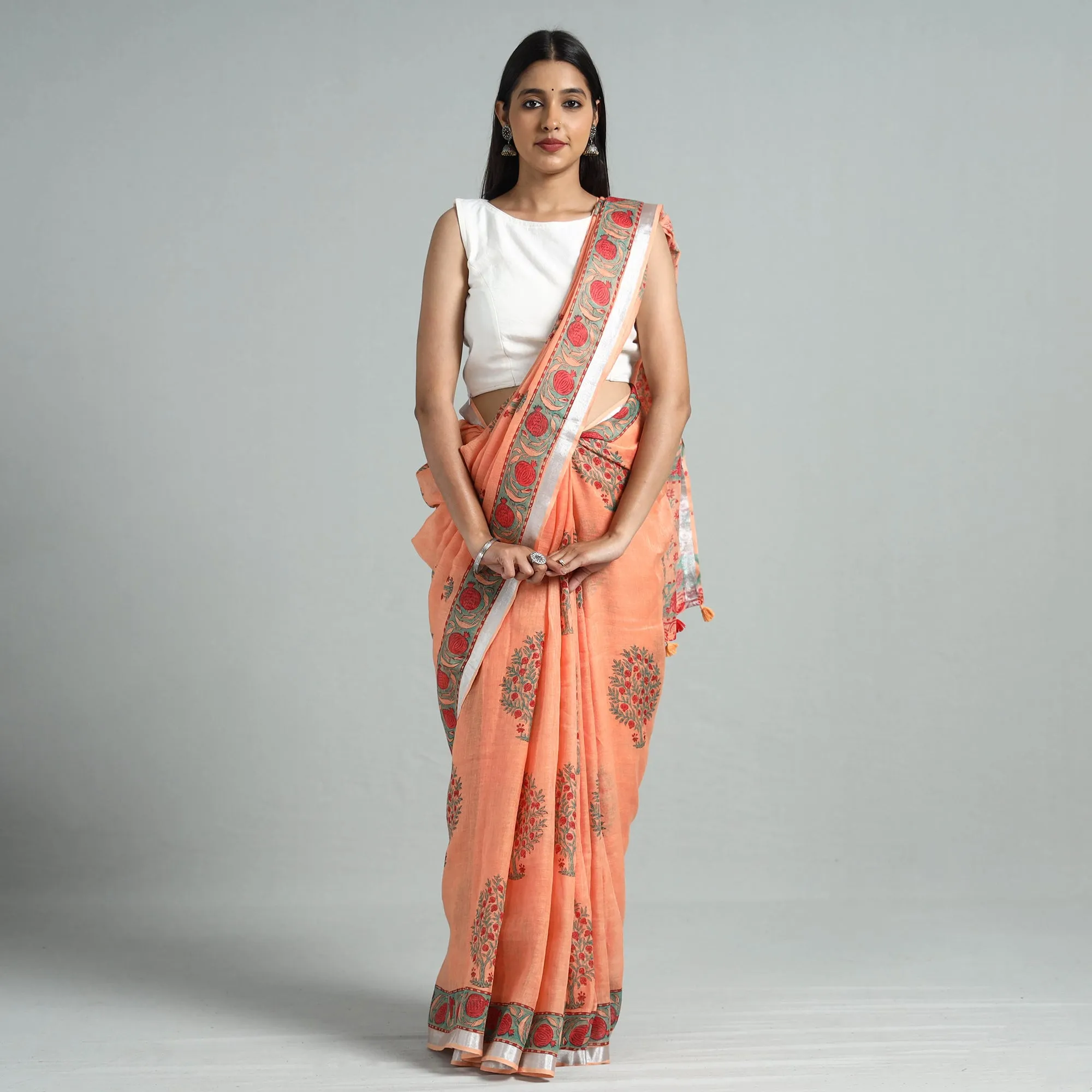 Peach - Sanganeri Block Printed Linen Handloom Saree