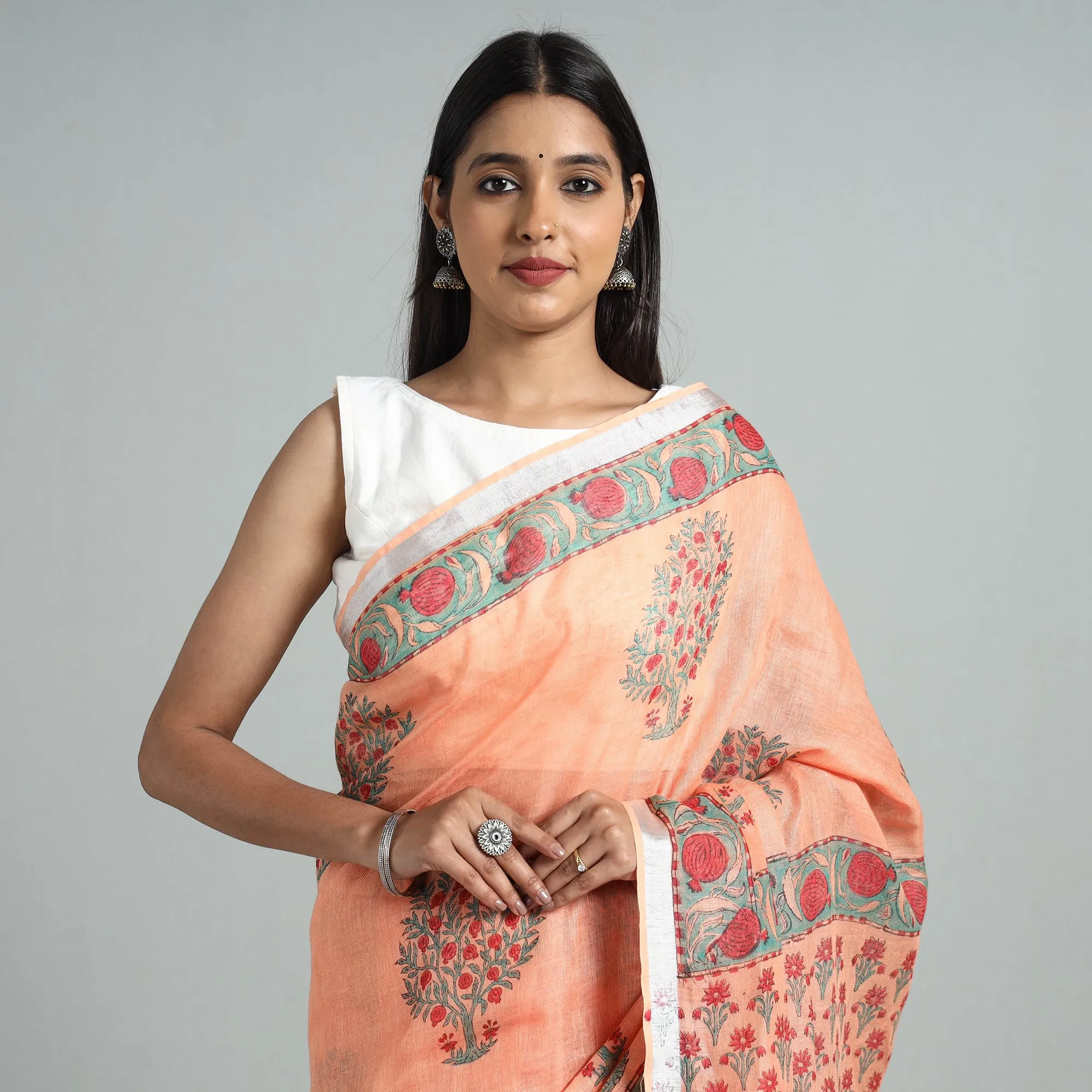 Peach - Sanganeri Block Printed Linen Handloom Saree