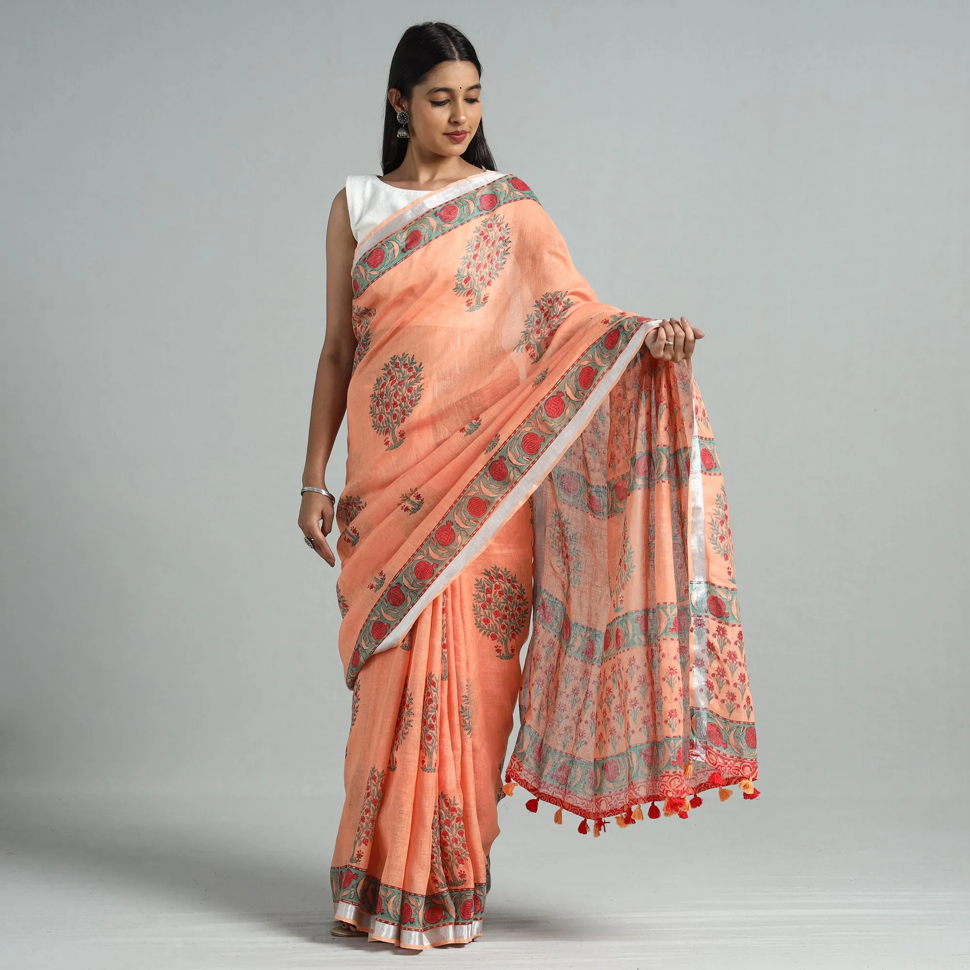 Peach - Sanganeri Block Printed Linen Handloom Saree