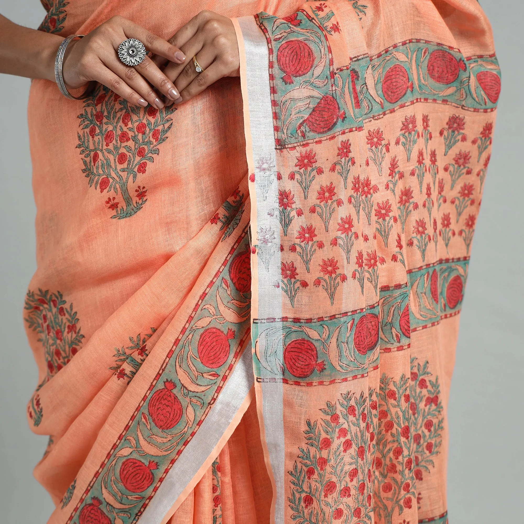 Peach - Sanganeri Block Printed Linen Handloom Saree