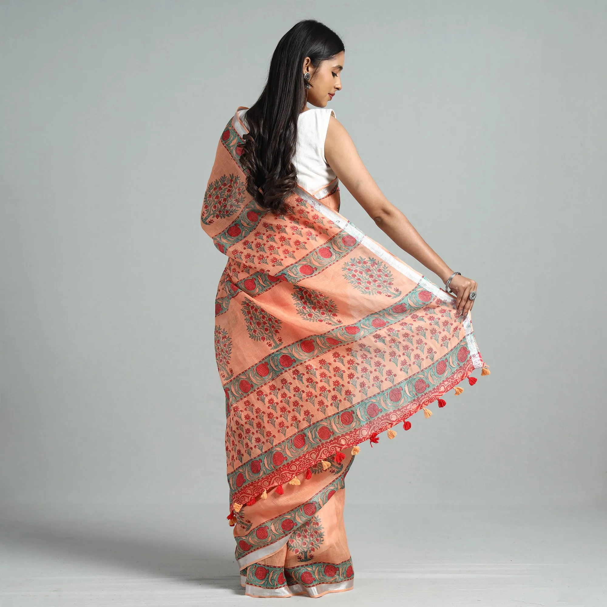 Peach - Sanganeri Block Printed Linen Handloom Saree