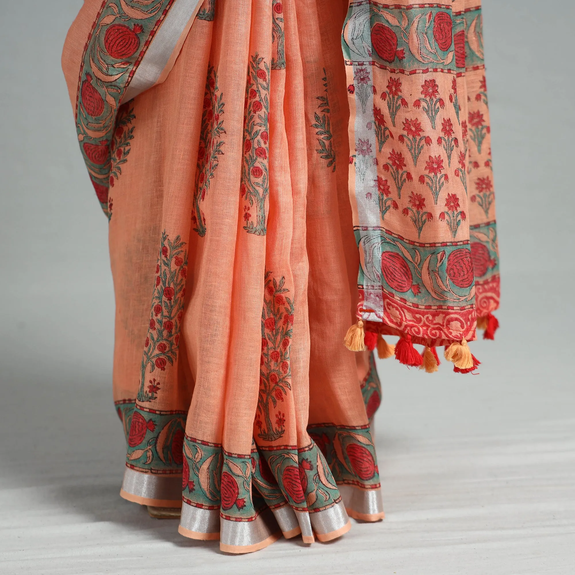 Peach - Sanganeri Block Printed Linen Handloom Saree