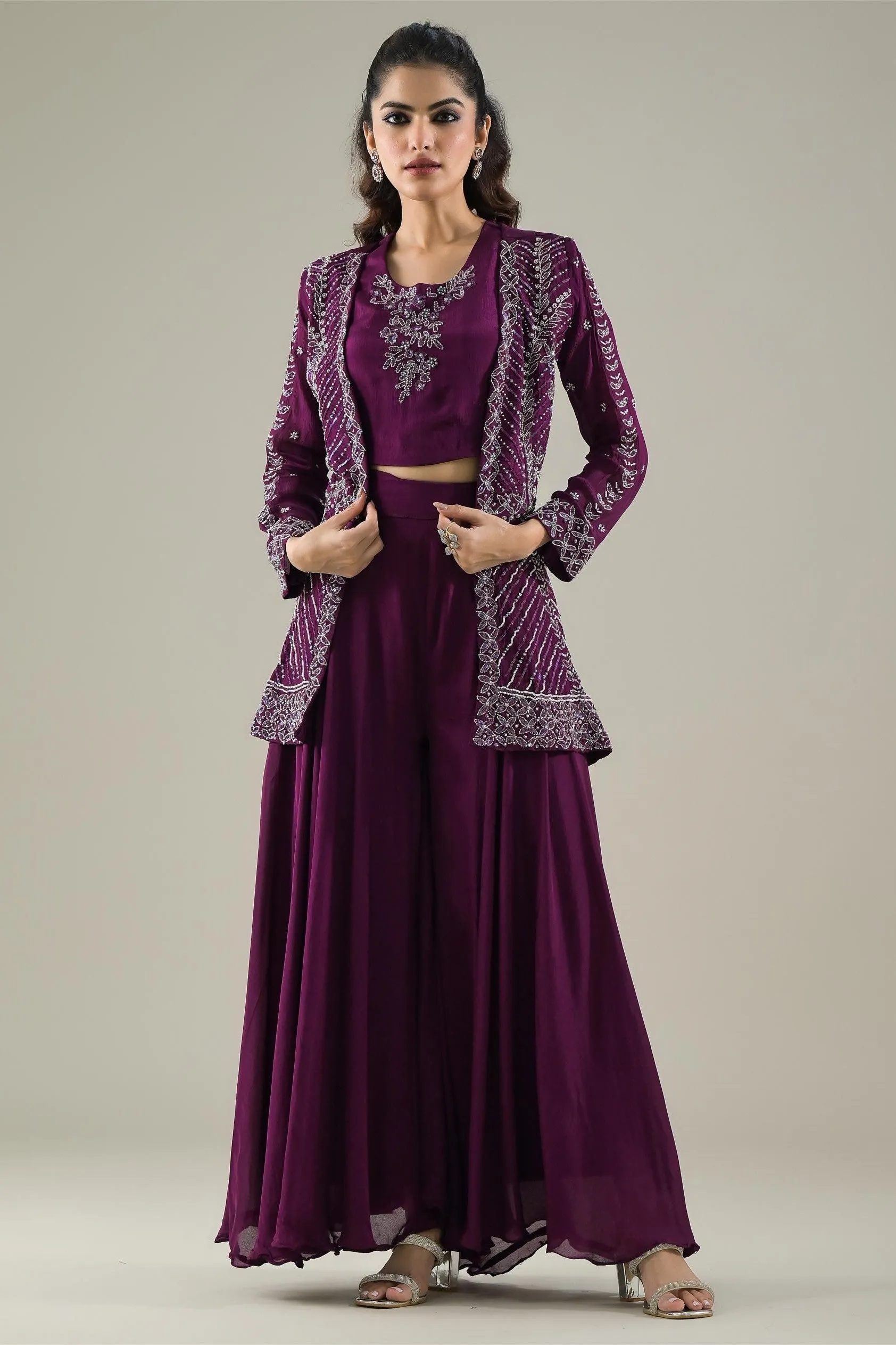 Royal Purple Embellished Chinon Silk Jacket & Palazzo Set