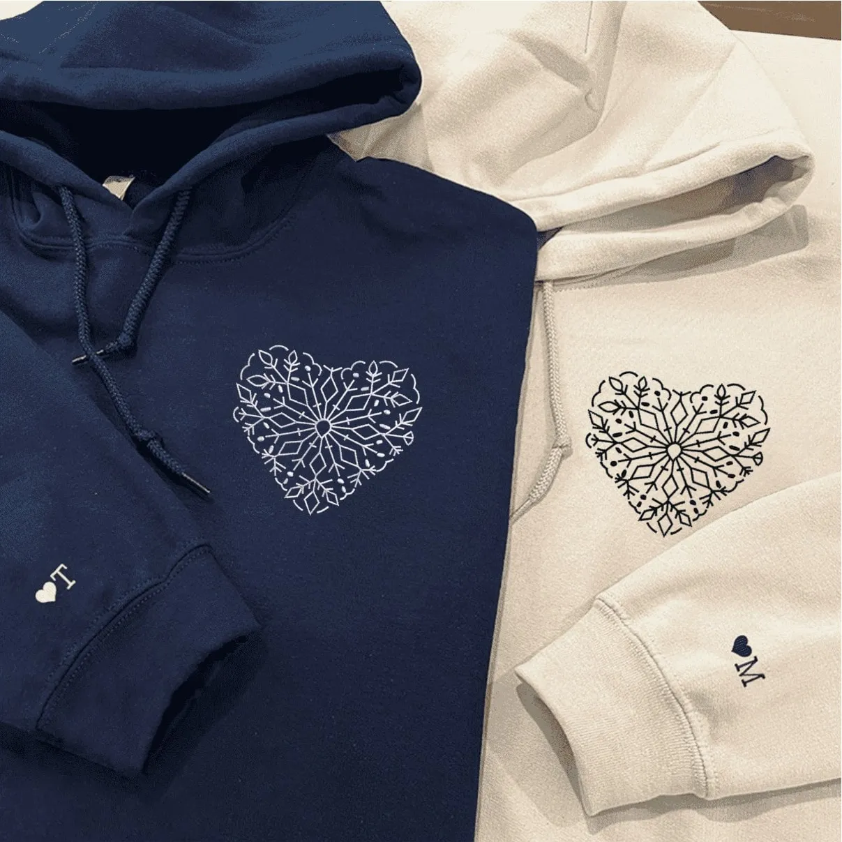 Snowflake Heart Matching Couple Hoodies - Custom Embroidered Sweatshirts For Couples