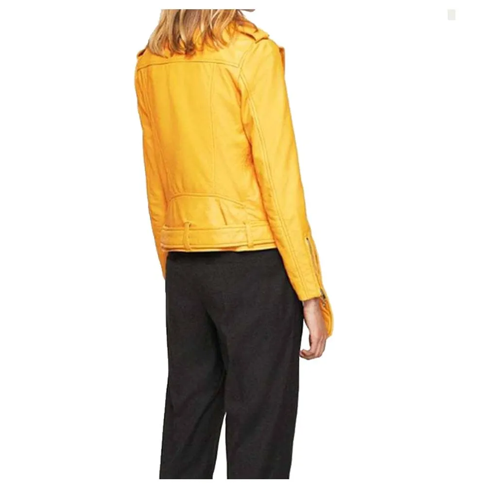 Women Yellow Mango Slim Fit Leather Jacket