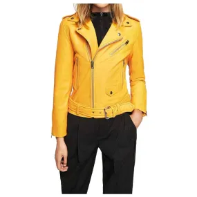 Women Yellow Mango Slim Fit Leather Jacket