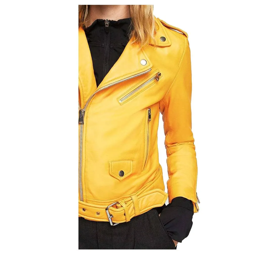 Women Yellow Mango Slim Fit Leather Jacket