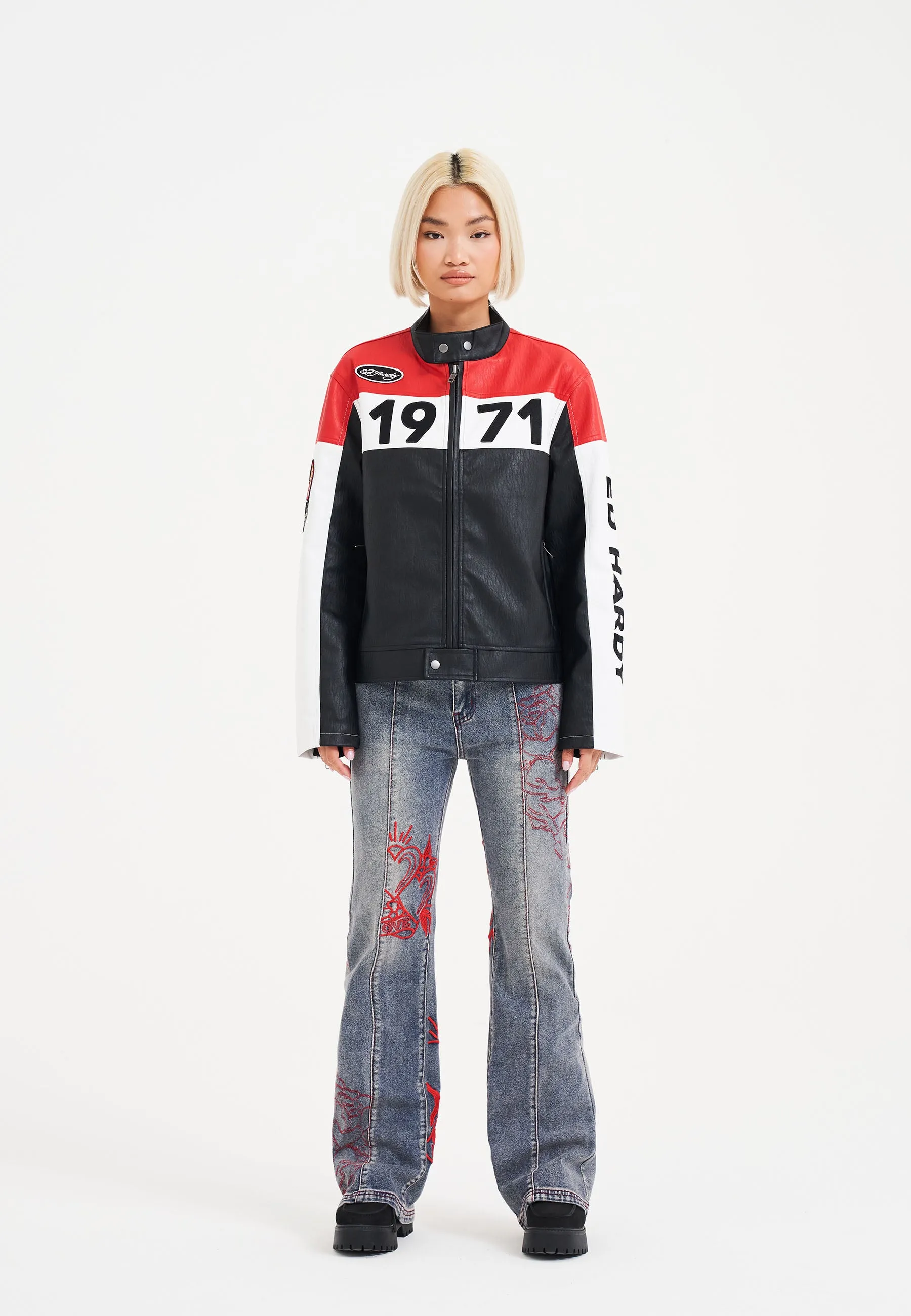 Womens ED-1971 Moto Biker Jacket- Black/Red/White