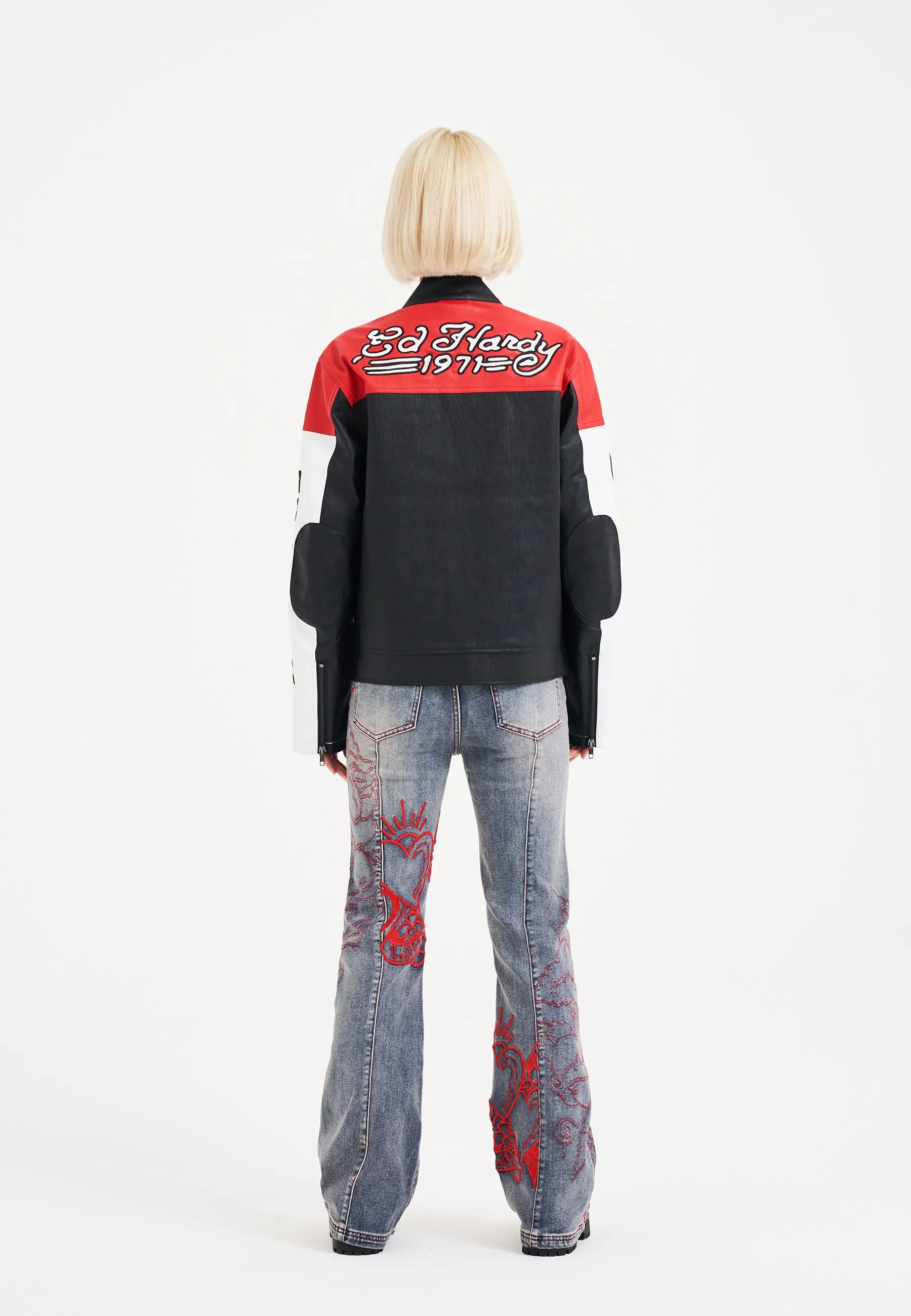 Womens ED-1971 Moto Biker Jacket- Black/Red/White