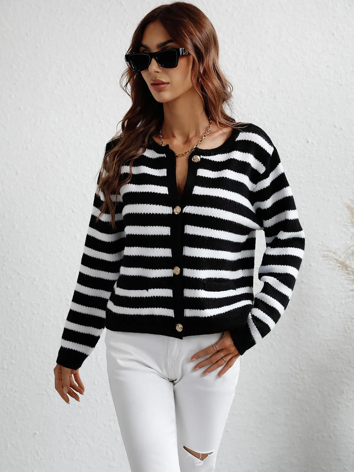 Woven Right Striped Button Front Cardigan